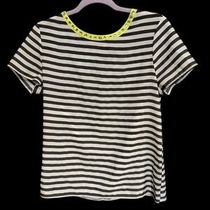 LOFT Striped Gray and White Blouse with Neon Neckline and Jewel Accents